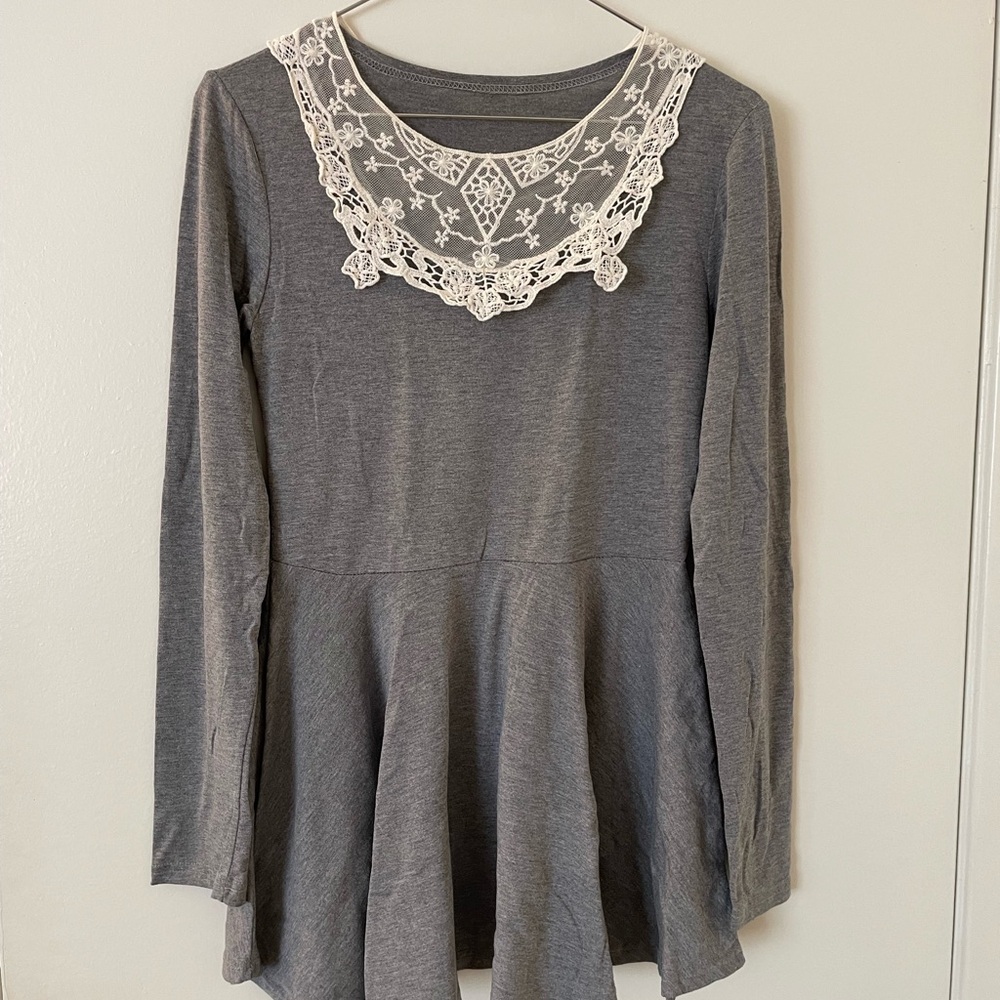 Gray Peplum Bib Collar Long Sleeve Top